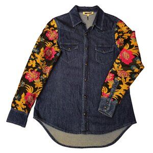 Vintage Denim Shirt Boho Jacket Embroidered Floral Ipekyol Size 6 Hi Low